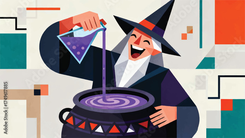 Illustration Of A Witch Laughing While Pouring Purple Potion Into A Cauldron Vector Design Template