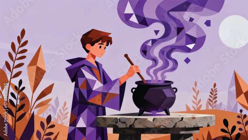 Illustration Of A Young Witch Making A Potion In A Cauldron, Purple Smoke Billowing Out Vector Design Template