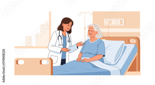 A doctor visiting an elderly patient in a hospital bed, a flat clean vector illustration depicting medical care and healthcare scenes