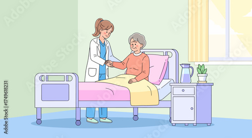 Flat clean medical care healthcare scenes showing a doctor attending to a patient in a hospital bed