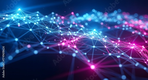 Abstract glowing network of interconnected nodes and lines with vibrant blue and pink neon lights on a dark background