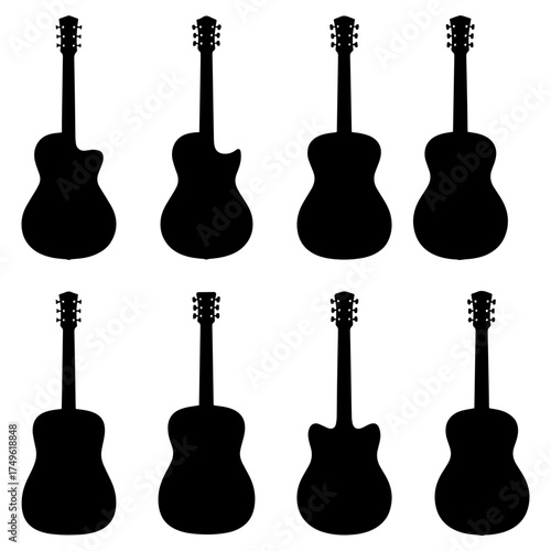 Vector art of collection of black acoustic guitar silhouettes