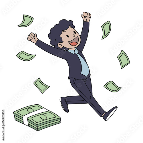 Joyful Businessman Jumping in a Shower of Money