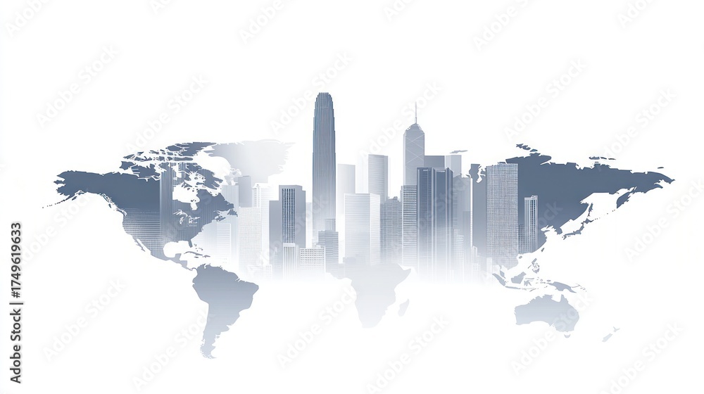 custom made wallpaper toronto digitalGlobal city skyline; world map overlay. Stock photo for world business