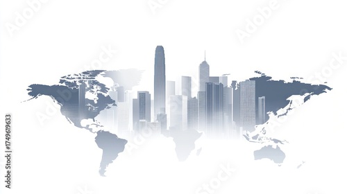 Global city skyline; world map overlay. Stock photo for world business