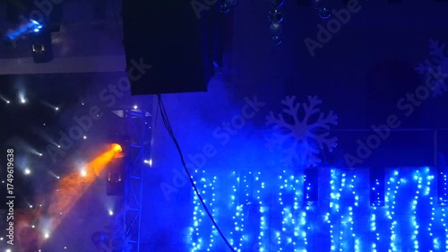 new year party in night club with xmas decoration and snowflakes, background