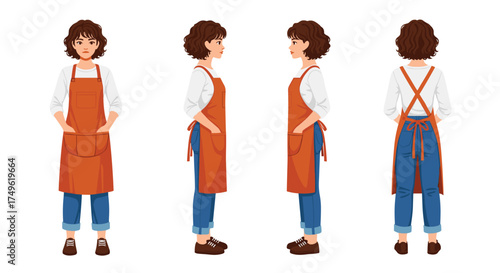 Charming barista character in orange apron, perfect for cafe marketing or restaurant promotions, showcasing a friendly and approachable worker vibe