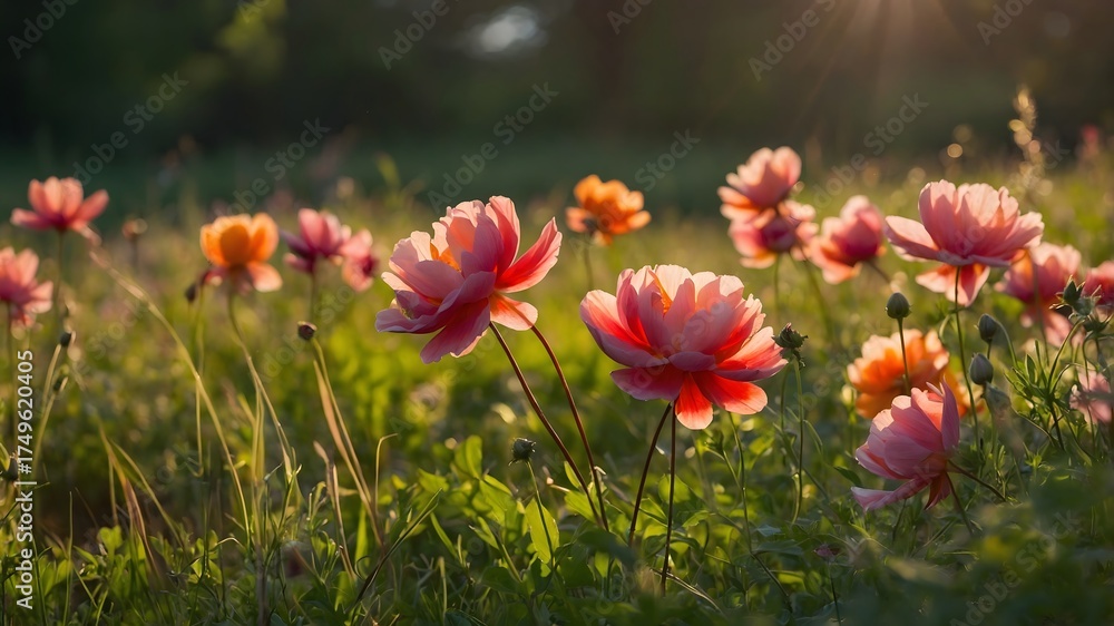 Obraz premium a field of beautiful, colorful flowers in the golden sunlight. The image captures the natural beauty of the plants in their vibrant hues and delicate petals