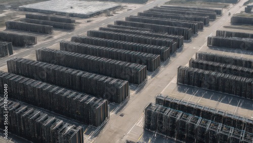 Aerial View of Rows of Shipping Containers in a Yard.
