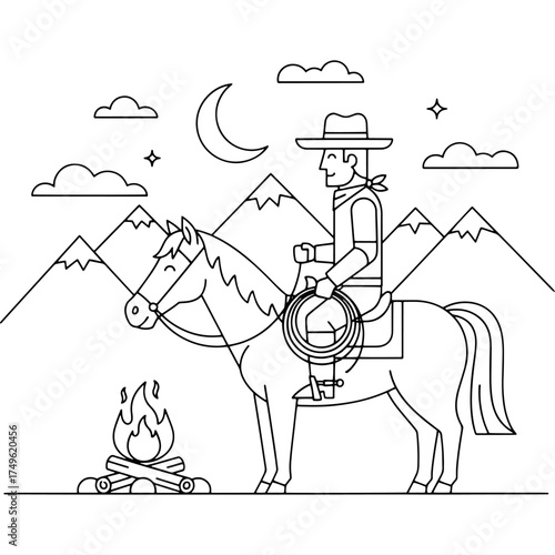 Modern and minimalist line art design of a western scene with a cowboy, horse, and campfire. This clean vector icon is great for logos, infographics, or thematic web designs.