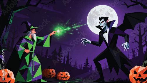 Illustration Of A Fight Between A Witch And A Vampire On Halloween Night, Fantasy Style Vector Design Template