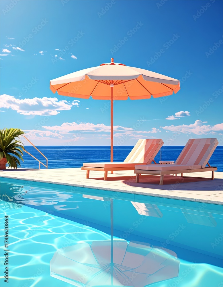 Fototapeta premium swimming pool with beach umbrella and chairs. Summer vacation concept. 3d rendering