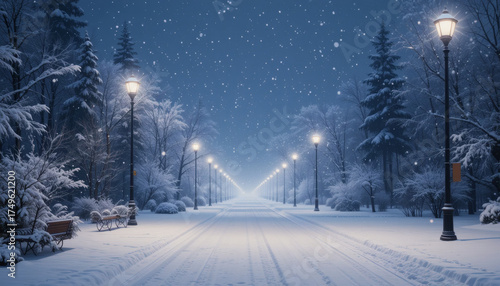 Nighttime snow falling gently under glowing street lamps