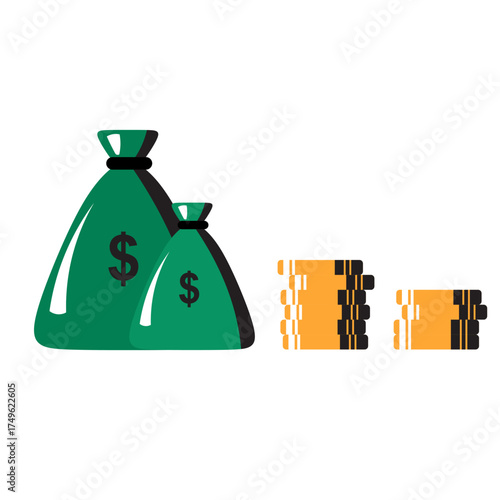 Money Bags and Gold Coins Icon,Savings and Investment Concept Illustration