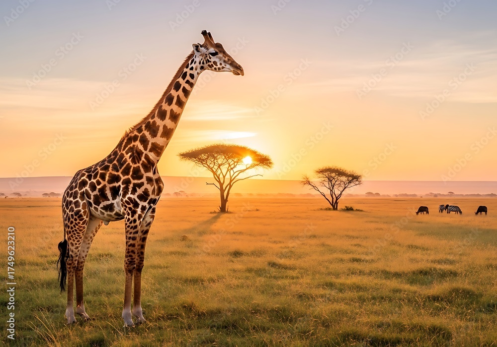 Obraz premium Giraffe in African Savannah at Sunset - A Majestic Wildlife Scene.