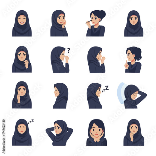 Set of Arab woman in hijab with different emotions and expressions.