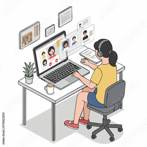 Isometric Illustration Woman Using Laptop for Online Meeting at Home Office