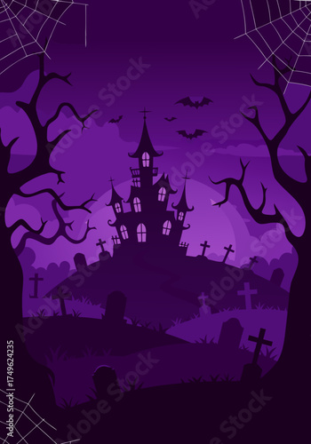 Spooky Halloween night background with a haunted castle on a hill, a dark graveyard, and bats flying under a purple sky vector illustration