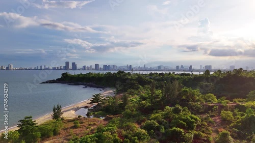 Flying towards the coast line of Da Nang Vietnam