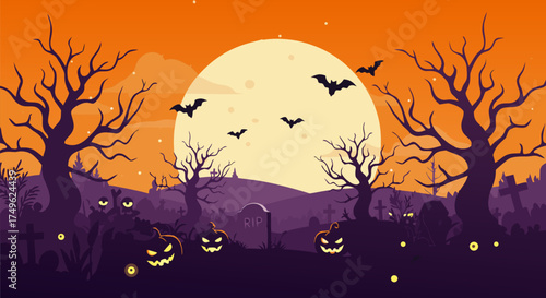 Eerie Halloween night scene with a haunted castle, cemetery, and bats against a purple sky, a spooky vector background