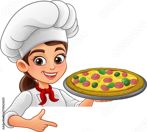 Cartoon chef woman happily presenting a large pizza tray with toppings of pepperoni and basil, smiling proudly. Fun and colorful design for food branding or pizza delivery promotions.
