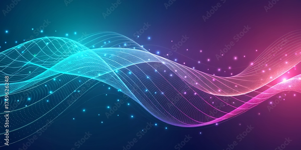 Fototapeta premium Abstract digital network wave with glowing particles and neon lights