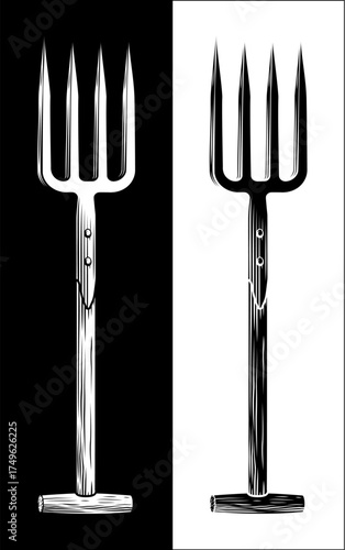 Vintage woodcut style illustration of a gardening fork garden tool