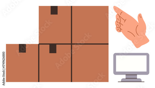 Stacked cardboard boxes, pointing hand gesture toward a computer monitor. Ideal for logistics, delivery, online orders, e-commerce, data management, instructions storage. Simple flat metaphor