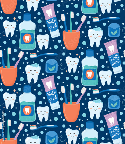 Seamless background with oral hygiene products and funny teeth. Pattern with toothpaste, dental floss, mouthwash and toothbrushes