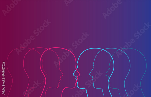 Linear profile silhouettes kissing with gradient background copy space