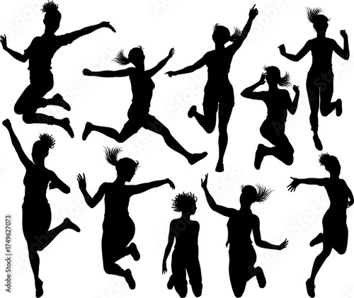 A set of happy women jumping for joy silhouette woman, people concept.