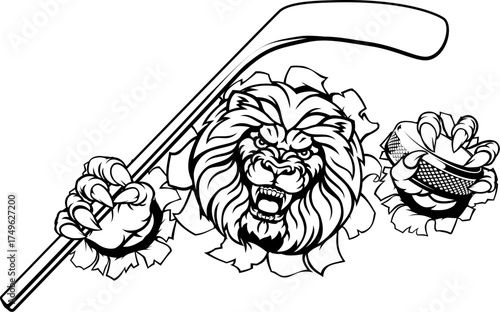 A lion ice hockey player cartoon sports mascot holding a hockey puck and stick and tearing through background