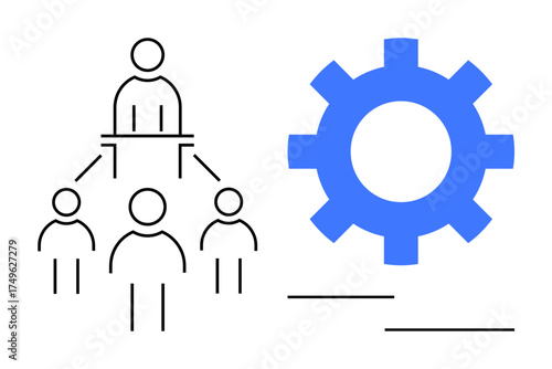 Leader directing team connects with a cogwheel symbolizing collaboration, workflow, and efficiency. Ideal for leadership, teamwork, management, productivity, organization, innovation simple flat
