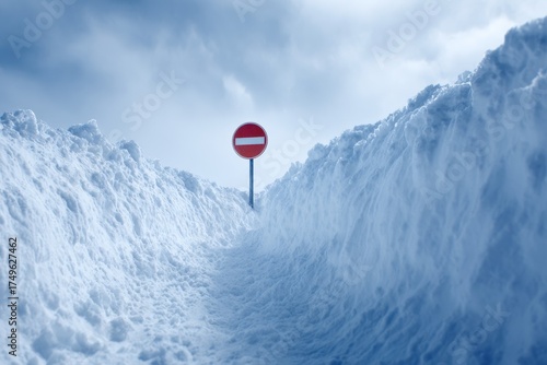 A no entry sign stands prominently in a deep snow drift, marking a blocked path in a winter scene filled with snow. Dark clouds loom overhead, creating a chilly atmosphere