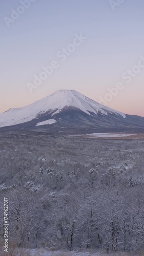 三国峠より望む雪に覆われた森林越しの富士山が朝日を浴びるタイムラプス映像（縦・フィックス）