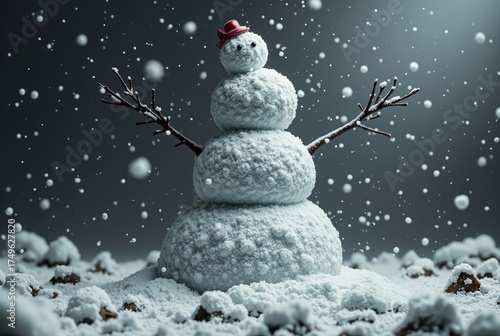 Snowman in Snowfall: Three-Ball Structure with Twig Arms and Red Hat