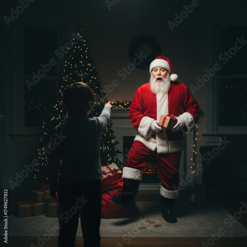 Santa Claus Caught by Boy Near Christmas Tree