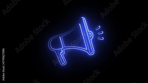 Blue neon animated megaphone announces news and broadcasts messages with sound waves on a dark background, abstract symbol motion graphics	