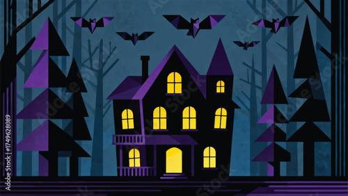 Haunted House Illustration With Glowing Windows And Flying Bats, Halloween  Vector Design Template
