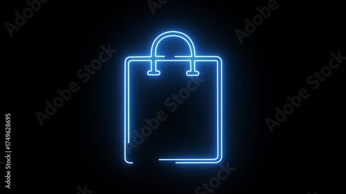 A bright neon blue shopping bag icon animates on a black background, creating a modern and abstract visual representation of commerce and retail, perfect for digital marketing and e-commerce projects.