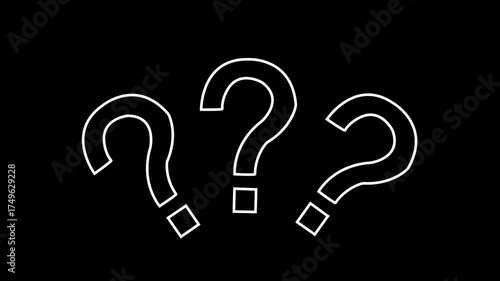 Animated white question marks appear and disappear on a black background with a looping abstract motion, representing confusion, inquiry, and uncertainty.	