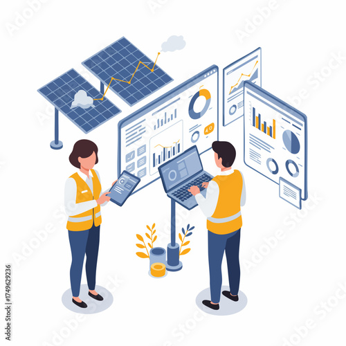 Isometric Solar Panel Energy Data Analysis Illustration with Technician
