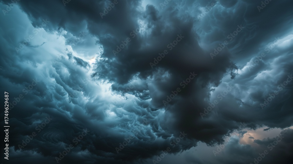Obraz premium Dramatic dark storm clouds gathering, cinematic moody sky backdrop.