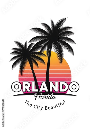 Orlando Florida Retro Travel Poster with Palm Trees and Sunset.