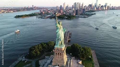 Aerial orbital video of majestic statue of liberty, copper green patina, new york city skyline, hudson river, golden hour light, tranquil landmark vista.