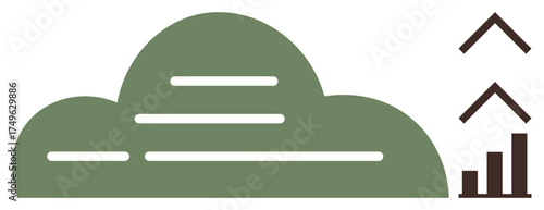 Green cloud alongside upward arrows and bar graph representing growth, innovation, data trends, and progress. Ideal for concepts thumbs up technology, analytics, strategy, development, business