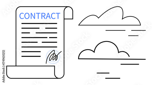 Contract document with signature, paired with minimal cloud graphics. Ideal for business, legal agreement, digital storage, cloud computing, remote file sharing, e-signature, simple flat metaphor