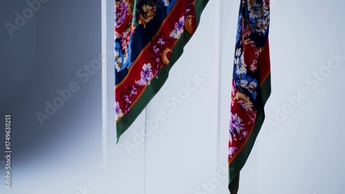 Colorful Floral Scarves Hanging on a Rack in a Bright Room.