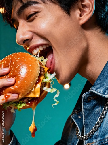 Closeup of a young man joyfully taking a big bite out of a juicy cheeseburger with dripping cheese