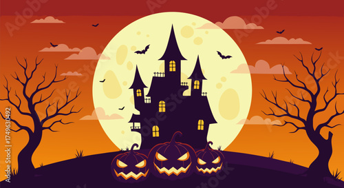 Spooky Halloween Haunted House with Jack-o'-Lanterns and Full Moon - Eerie Background